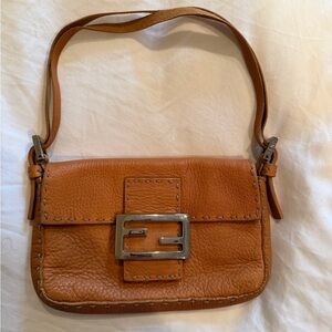 Fendi Small Tan Leather Shoulder Bag with Silver Buckle